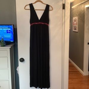 Black V-Neck Maxi Dress with Pink/Purple Design at Bust Super Soft Jersey Knit